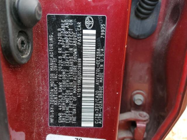 4T1B11HK0JU526698 - 2018 TOYOTA CAMRY L BURGUNDY photo 12