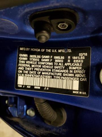 SHHFK7G47JU218301 - 2018 HONDA CIVIC SPORT BLUE photo 12