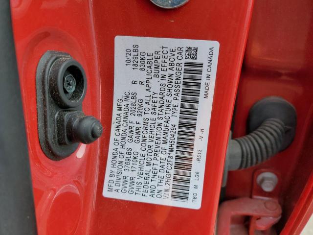 2HGFC2F81MH504294 - 2021 HONDA CIVIC SPORT RED photo 12