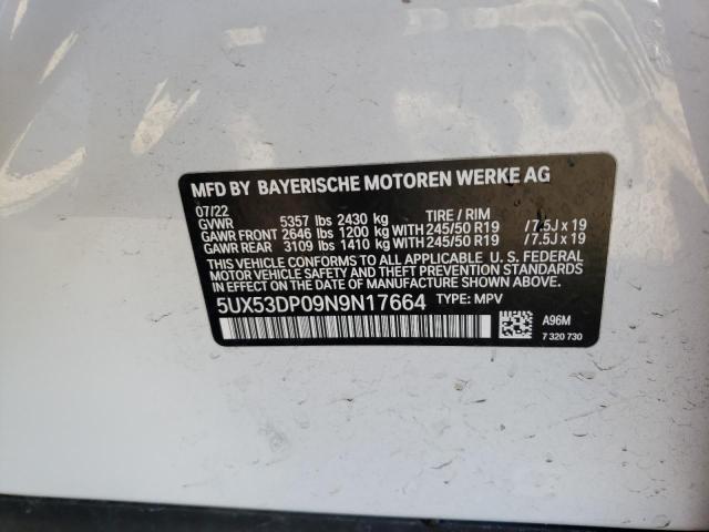 5UX53DP09N9N17664 - 2022 BMW X3 XDRIVE30I WHITE photo 13