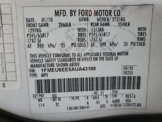 1FMEU6EE5AUA43188 - 2010 FORD EXPLORER EDDIE BAUER WHITE photo 13