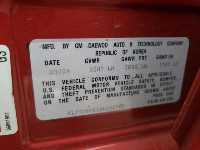 KL1TD666X8B242785 - 2008 CHEVROLET AVEO BASE Qırmızı foto 13