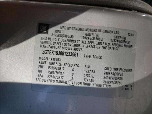 2GTEK19J081233961 - 2008 GMC SIERRA K1500 SILVER photo 12