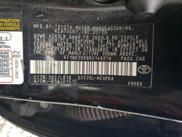 4T1BK36B86U148214 - 2006 TOYOTA AVALON XL BLACK photo 12