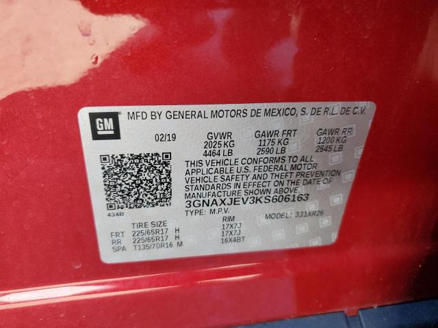 3GNAXJEV3KS606163 - 2019 CHEVROLET EQUINOX LT RED photo 13