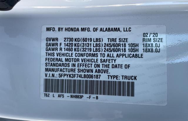 5FPYK3F74LB006187 - 2020 HONDA RIDGELINE RTL WHITE photo 10