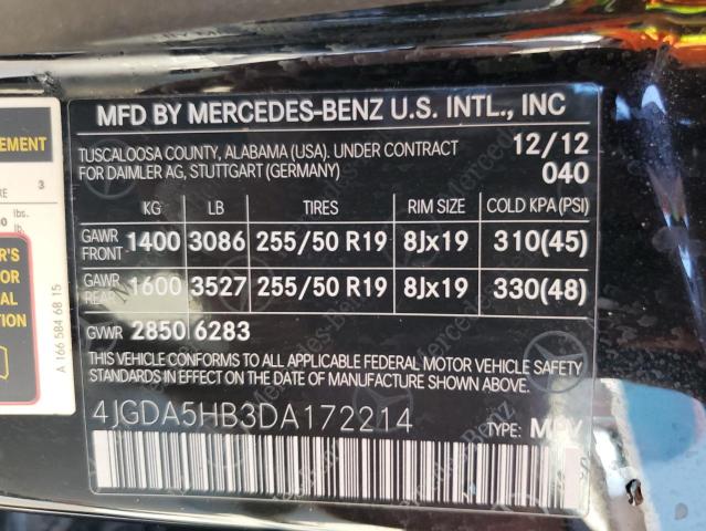 4JGDA5HB3DA172214 - 2013 MERCEDES-BENZ ML 350 4MATIC BLACK photo 13