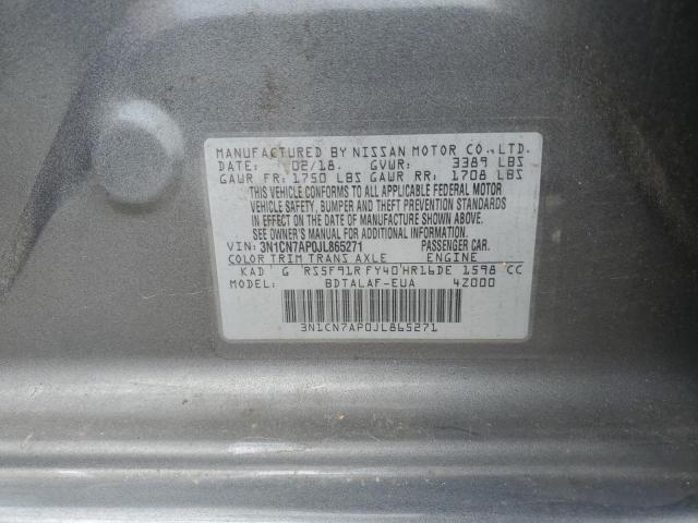 3N1CN7AP0JL865271 - 2018 NISSAN VERSA S GRAY photo 12