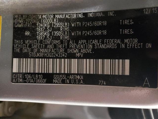 5TDJKRFH3GS243342 - 2016 TOYOTA HIGHLANDER XLE SILVER photo 14