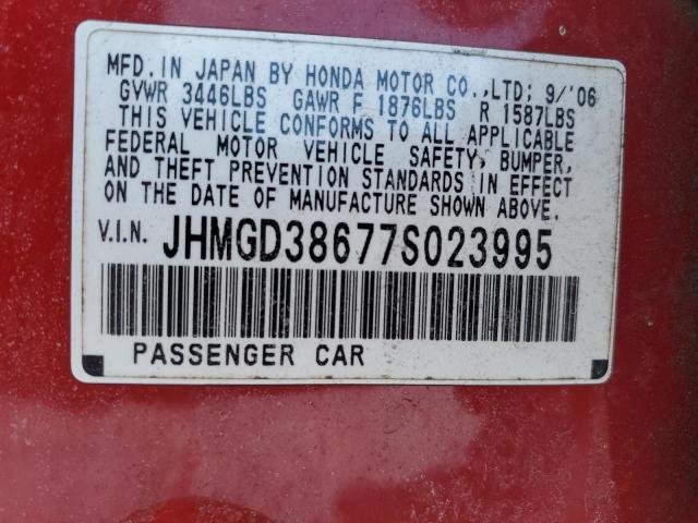 JHMGD38677S023995 - 2007 HONDA FIT S 红色 照片 12