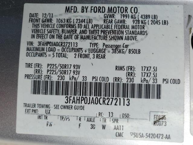 3FAHP0JA0CR272113 - 2012 FORD FUSION SEL GRAY photo 13