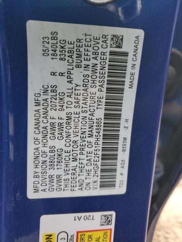 2HGFE2F51PH548865 - 2023 HONDA CIVIC SPORT BLUE photo 13