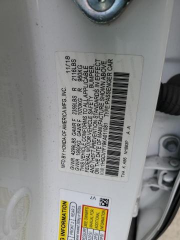 1HGCV1F19KA011081 - 2019 HONDA ACCORD LX WHITE photo 12