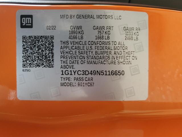 1G1YC3D49N5116650 - 2022 CHEVROLET CORVETTE STINGRAY 3LT ORANGE photo 12