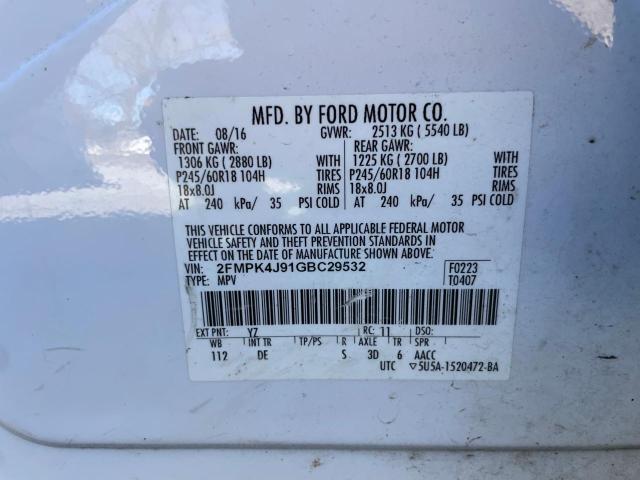 2FMPK4J91GBC29532 - 2016 FORD EDGE SEL WHITE photo 10