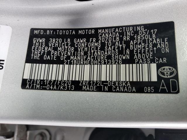 2T1BURHE0HC913926 - 2017 TOYOTA COROLLA L SILVER photo 12