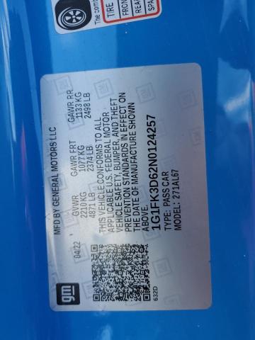 1G1FK3D62N0124257 - 2022 CHEVROLET CAMARO ZL1 蓝色 照片 12