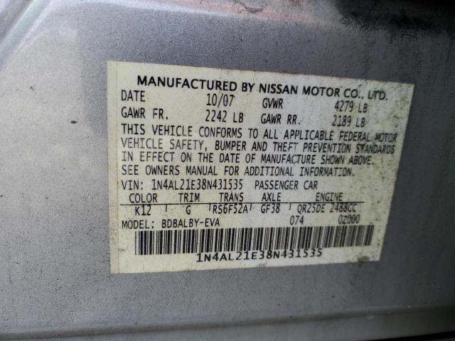 1N4AL21E38N431535 - 2008 NISSAN ALTIMA 2.5 SILVER photo 12