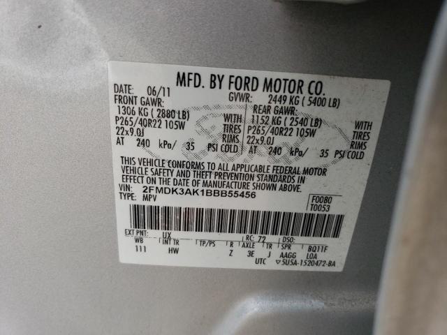 2FMDK3AK1BBB55456 - 2011 FORD EDGE SPORT SILVER photo 13