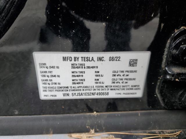 5YJSA1E52NF490658 - 2022 TESLA MODEL S შავი ფოტო 12