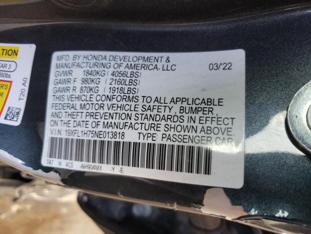 19XFL1H75NE013818 - 2022 HONDA CIVIC EXL 灰色 照片 12