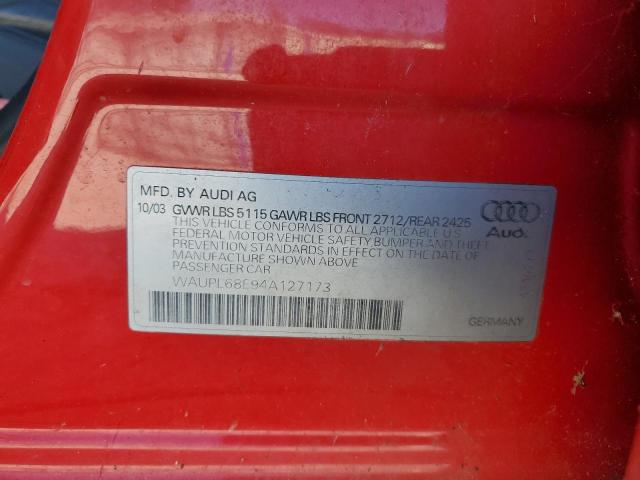 WAUPL68E94A127173 - 2004 AUDI S4 RED photo 12