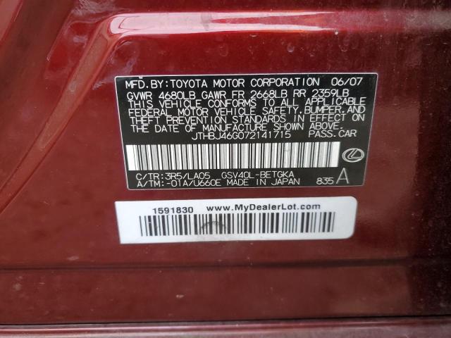 JTHBJ46G072141715 - 2007 LEXUS ES 350 BURGUNDY photo 12