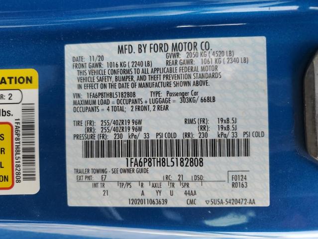 1FA6P8TH8L5182808 - 2020 FORD MUSTANG BLUE photo 12