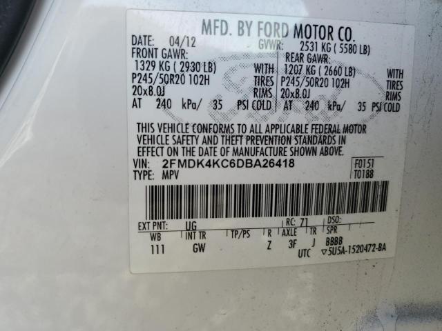 2FMDK4KC6DBA26418 - 2013 FORD EDGE LIMITED WHITE photo 12