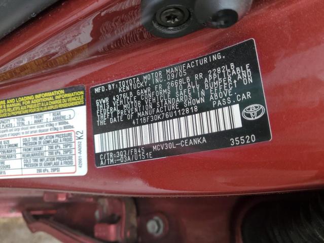 4T1BF30K76U112818 - 2006 TOYOTA CAMRY LE RED photo 11