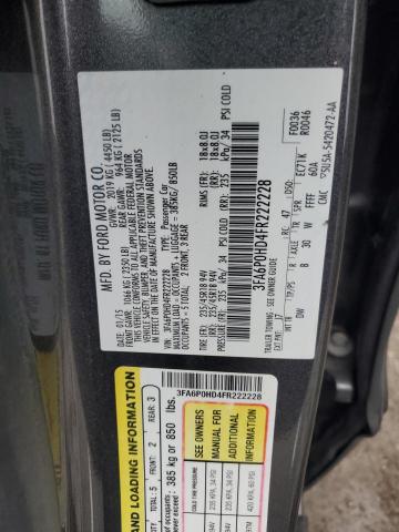 3FA6P0HD4FR222228 - 2015 FORD FUSION SE CHARCOAL photo 12