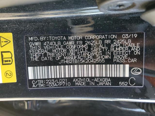 JTHB21B15K2042555 - 2019 LEXUS ES 300H BLACK photo 12