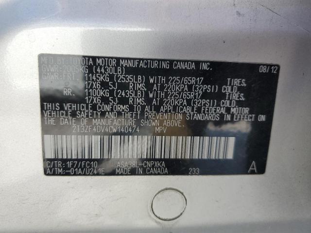 2T3ZF4DV4CW140474 - 2012 TOYOTA RAV4 SILVER photo 13