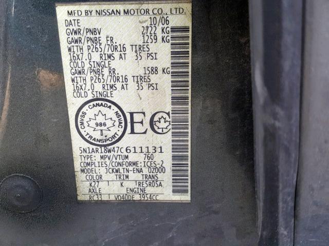 5N1AR18W47C611131 - 2007 NISSAN PATHFINDER LE  ფოტო 10