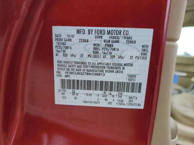 1FMCU03Z78KC06813 - 2008 FORD ESCAPE XLT MAROON photo 12