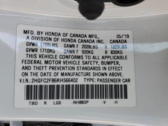 2HGFC2F86KH566402 - 2019 HONDA CIVIC SPORT WHITE photo 13