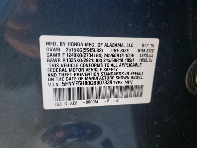 5FNYF5H80GB007339 - 2016 HONDA PILOT EXL BLUE photo 14