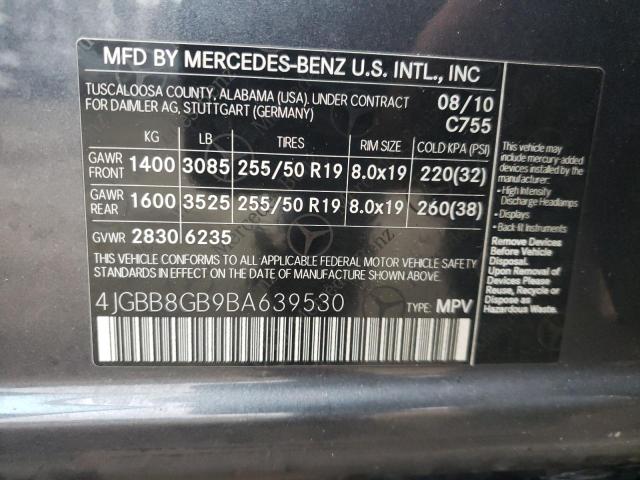 4JGBB8GB9BA639530 - 2011 MERCEDES-BENZ ML 350 4MATIC CHARCOAL photo 12