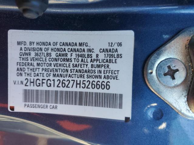 2HGFG12627H526666 - 2007 HONDA CIVIC LX BLUE photo 12