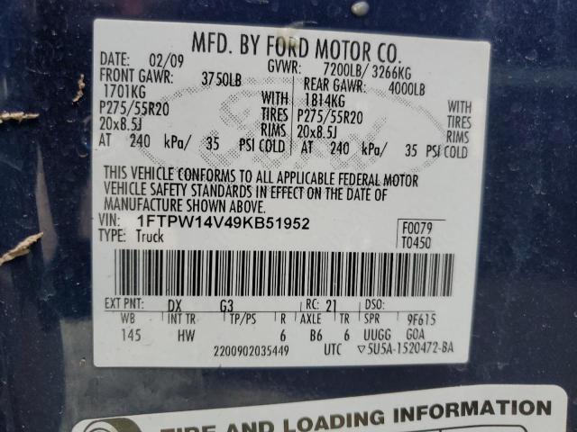 1FTPW14V49KB51952 - 2009 FORD F150 SUPERCREW BLUE photo 12