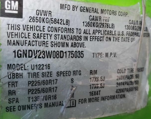 1GNDV23W08D175035 - 2008 CHEVROLET UPLANDER LS GREEN photo 10