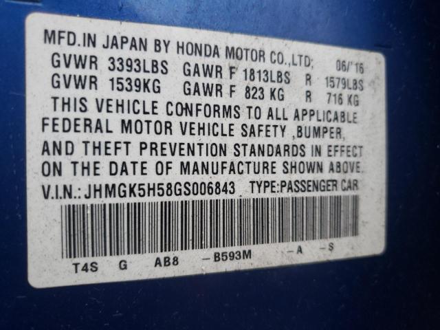 JHMGK5H58GS006843 - 2016 HONDA FIT LX BLUE photo 13