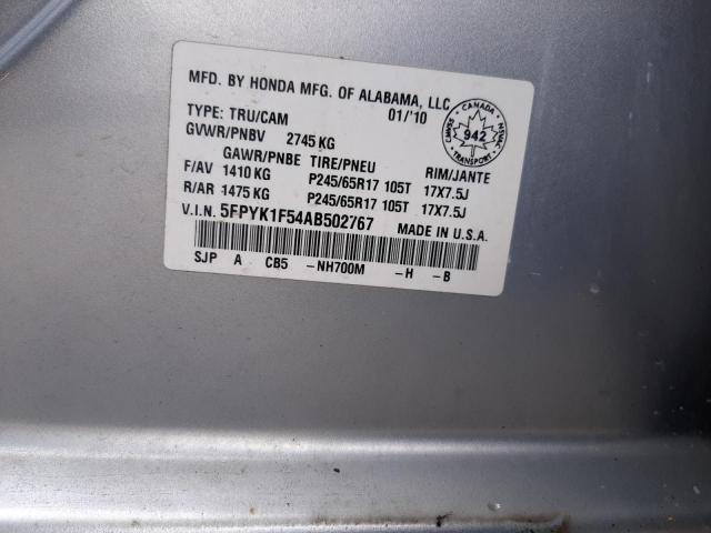 5FPYK1F54AB502767 - 2010 HONDA RIDGELINE RTL SILVER photo 12