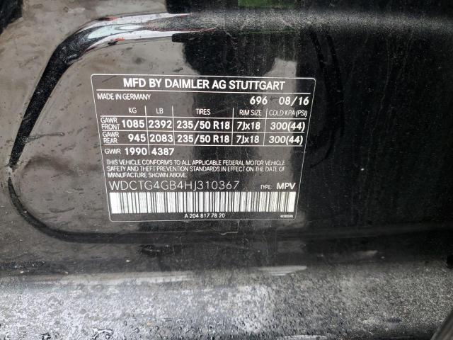 WDCTG4GB4HJ310367 - 2017 MERCEDES-BENZ 170 250 4MATIC BLACK photo 12