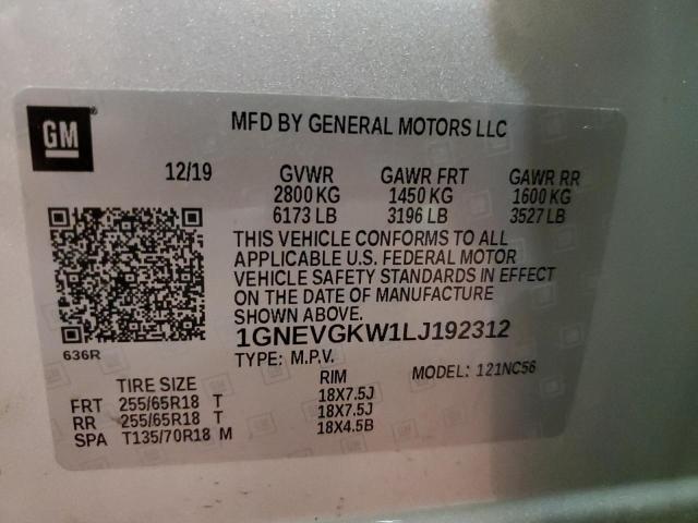 1GNEVGKW1LJ192312 - 2020 CHEVROLET TRAVERSE LT SILVER photo 13