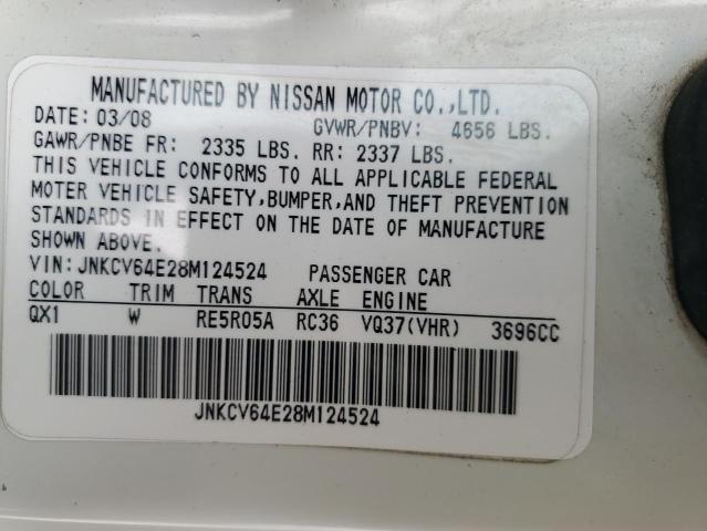 JNKCV64E28M124524 - 2008 INFINITI G37 BASE WHITE photo 12