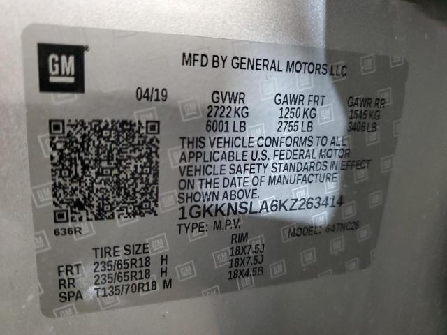 1GKKNSLA6KZ263414 - 2019 GMC ACADIA SLE SILVER photo 14