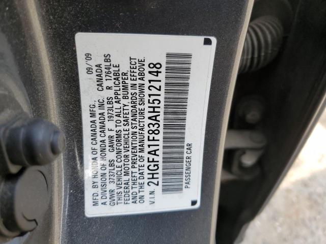 2HGFA1F83AH512148 - 2010 HONDA CIVIC EX GRAY photo 12