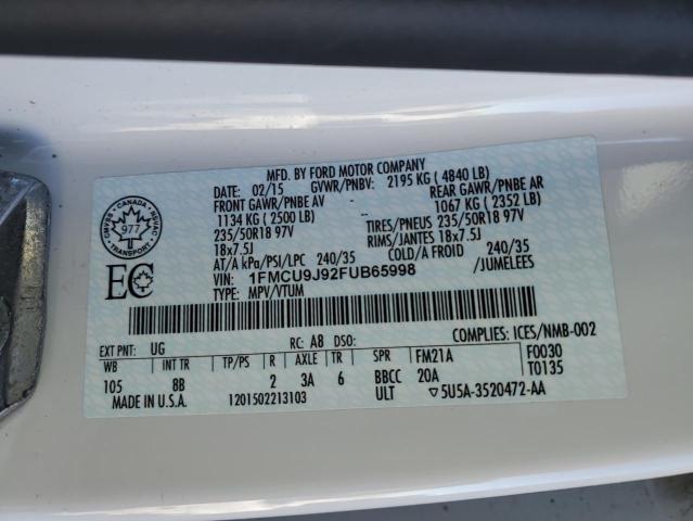 1FMCU9J92FUB65998 - 2015 FORD ESCAPE TITANIUM WHITE photo 13