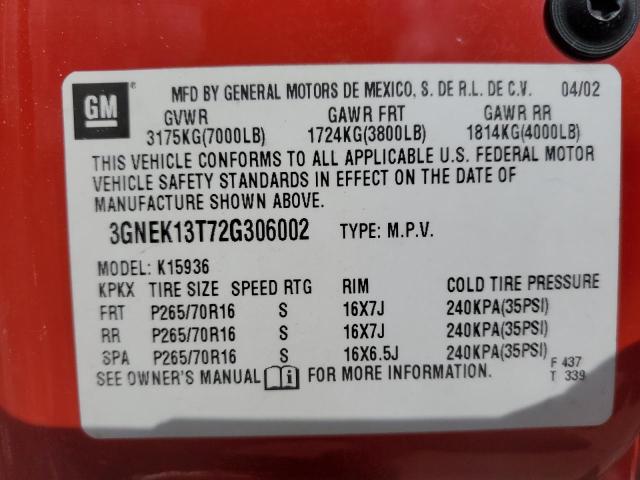 3GNEK13T72G306002 - 2002 CHEVROLET AVALANCHE K1500 RED photo 13